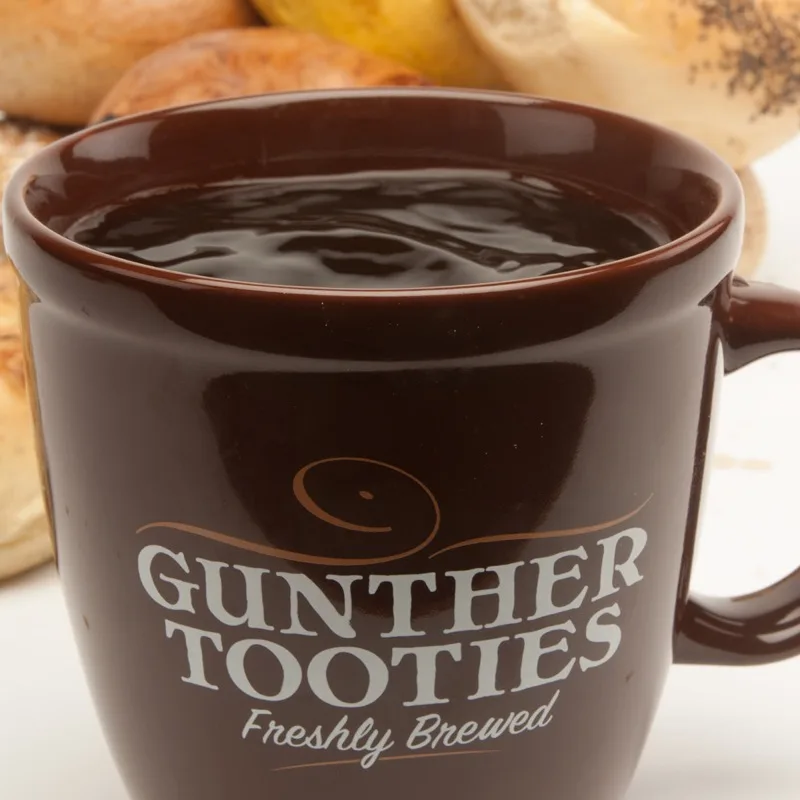 Fresh brewed coffee in a Gunther Tooties mug